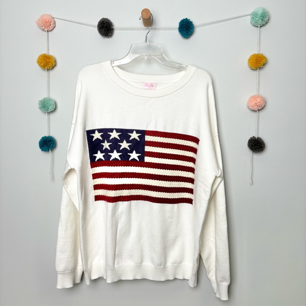 Pink Lily American Flag Graphic White Pullover Sweater